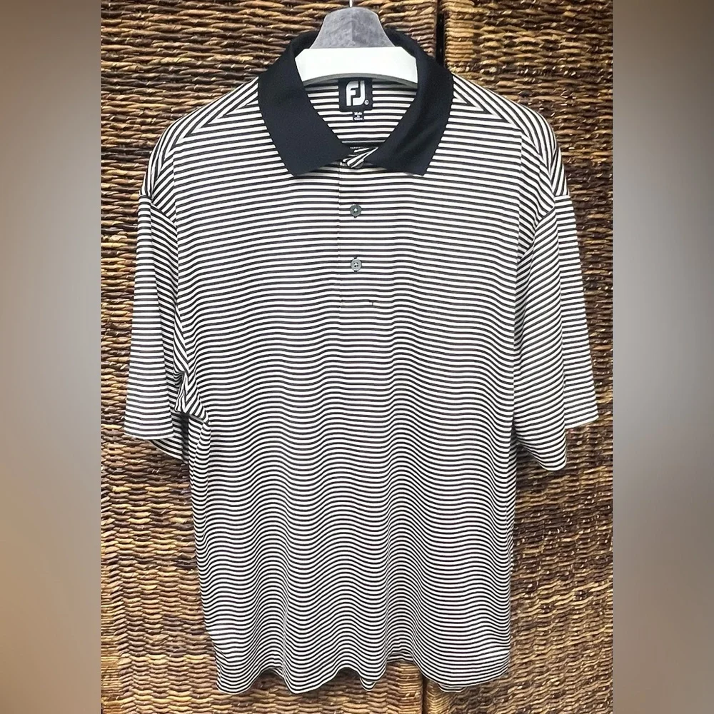 Foot Joy- Performance Polo-Black and Cream‎ Striped Men's Shirt,Size:Large